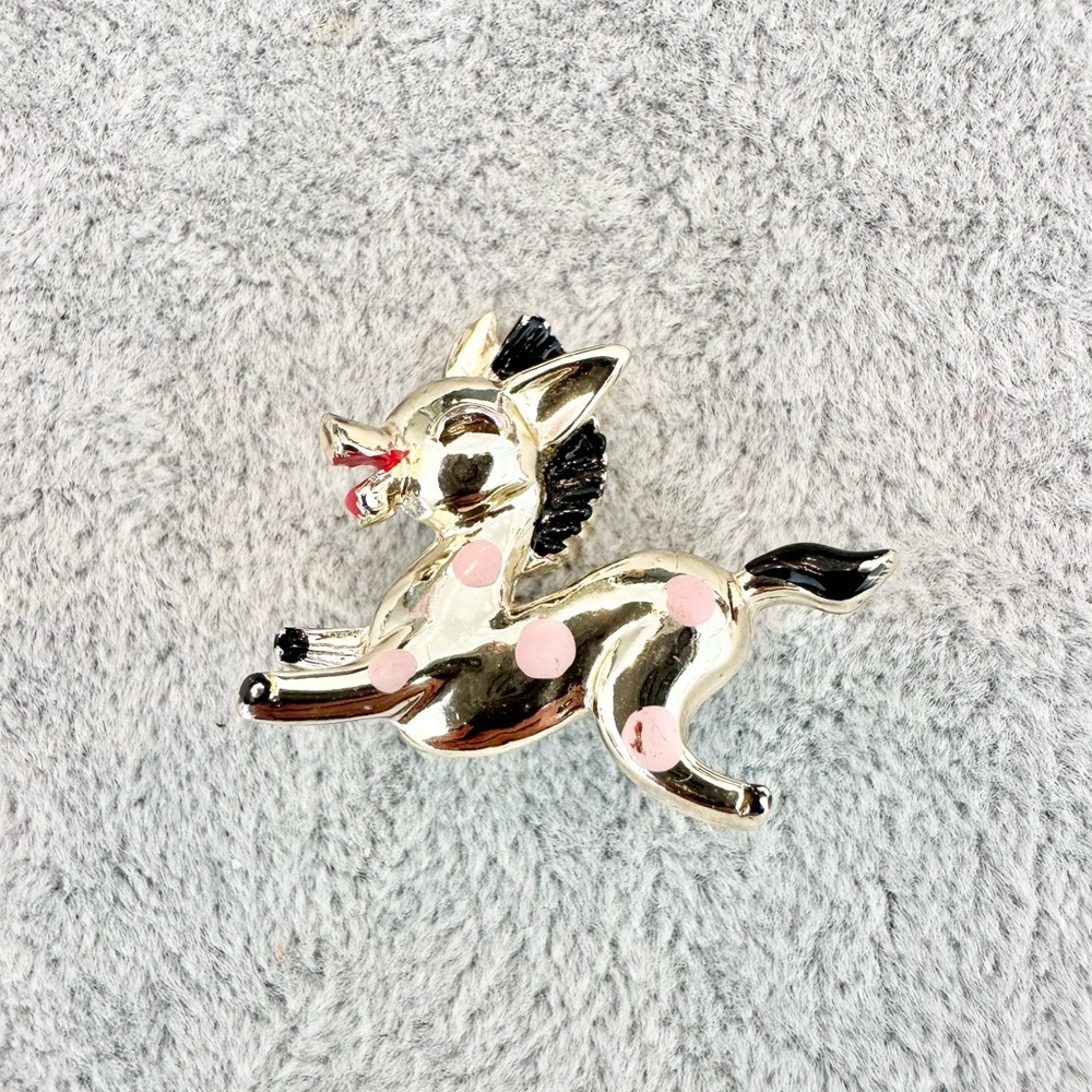Vintage Gold Tone Donkey Pony Horse With Pink polkadots Scatter Pin Brooch